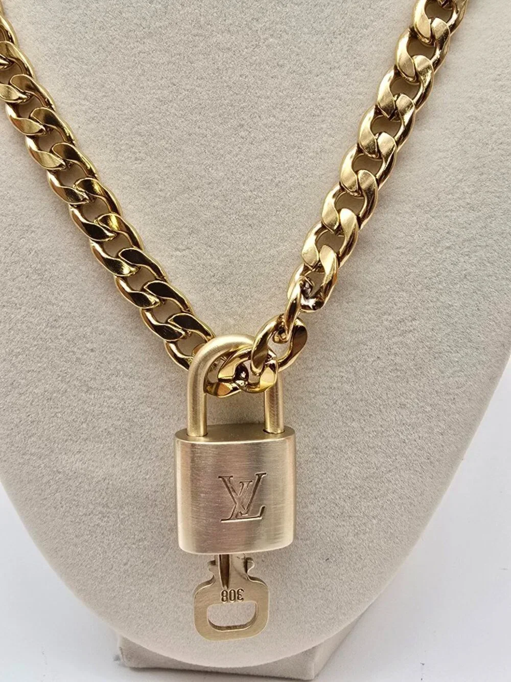 Authentic Louis Vuitgon Gold Padlock Pendant w/ Unbranded Cuban Stainless Steel